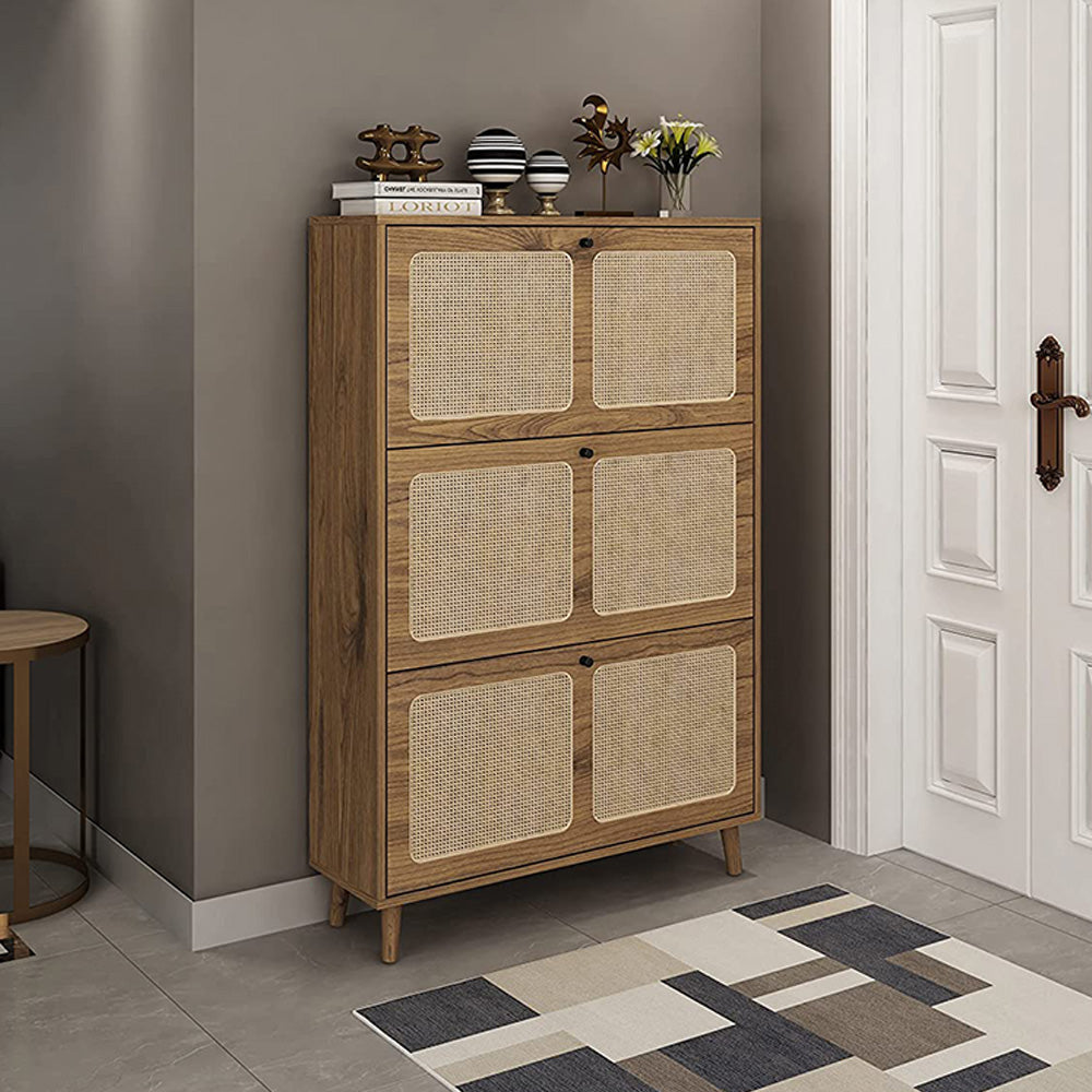 Walnut Natural Rattan 3 Drawer Shoe Cabinet