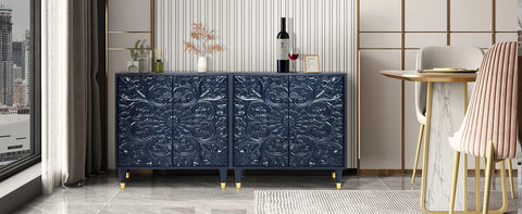 Blue Modern Wooden Storage Buffet Sideboard Cabinet with Engraved Design and Double Doors image1