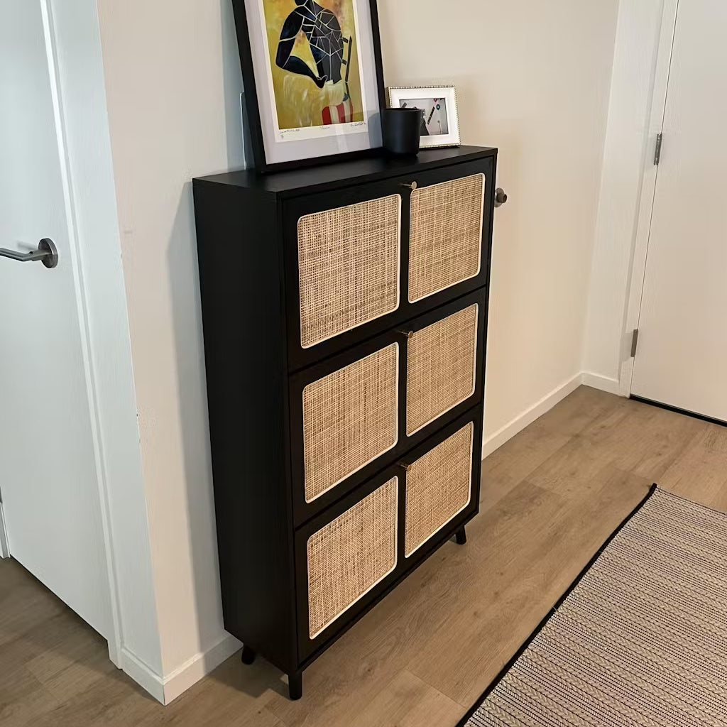 Black Natural Rattan 3 Drawer Shoe Cabinet