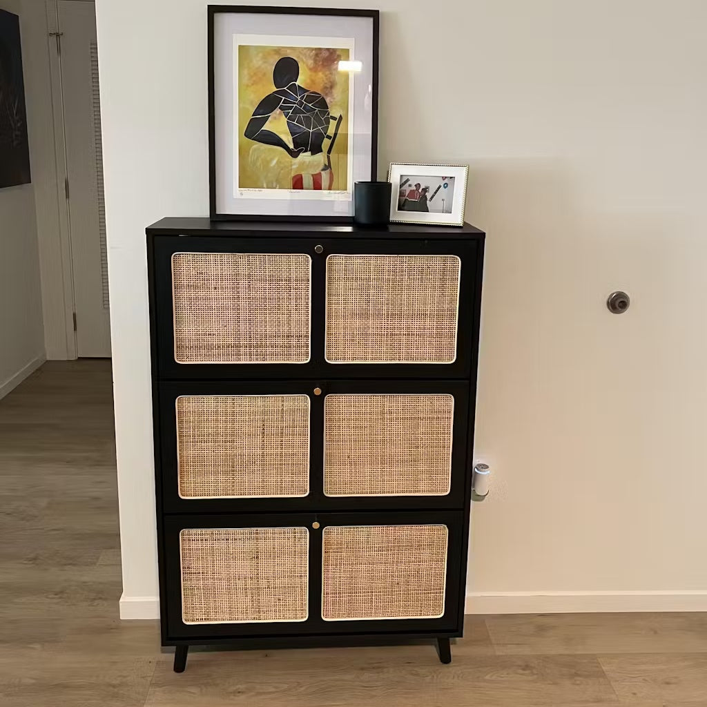 Black Natural Rattan 3 Drawer Shoe Cabinet