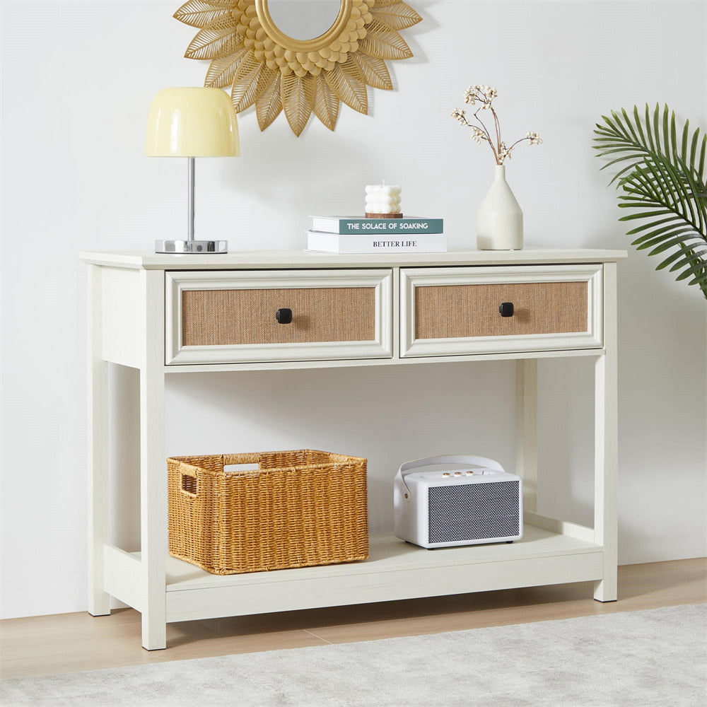 Beige White Modern Narrow Boho Entryway Console Table with Open Storage Shelves and Burlap Rattan Drawers