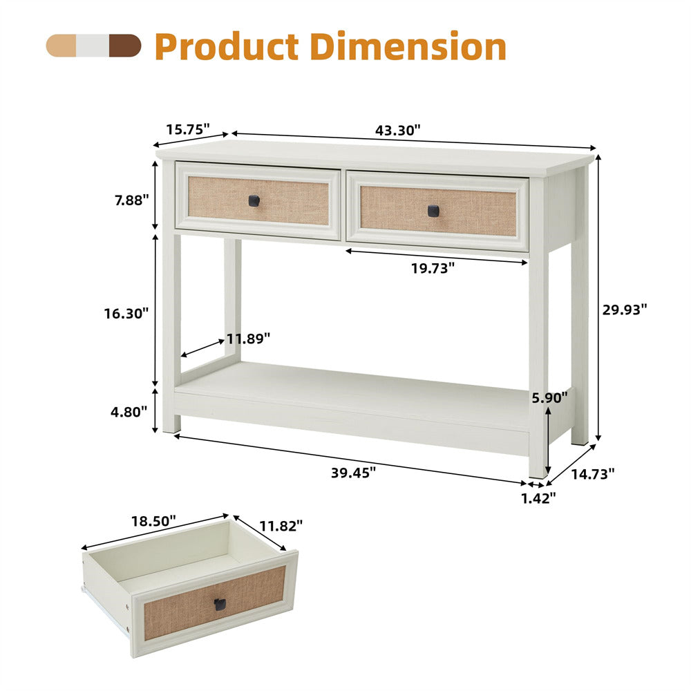 Beige White Modern Narrow Boho Entryway Console Table with Open Storage Shelves and Burlap Rattan Drawers