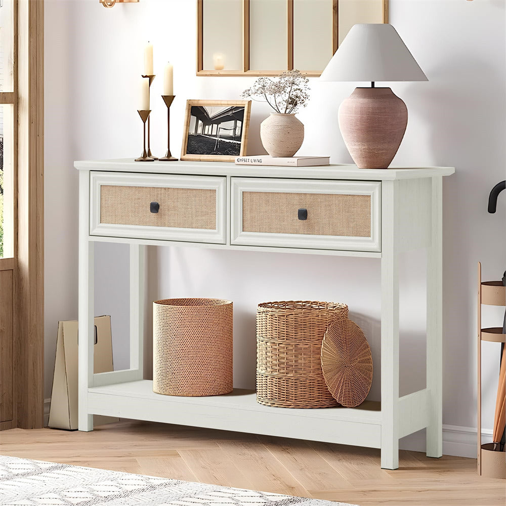 Beige White Modern Narrow Boho Entryway Console Table with Open Storage Shelves and Burlap Rattan Drawers