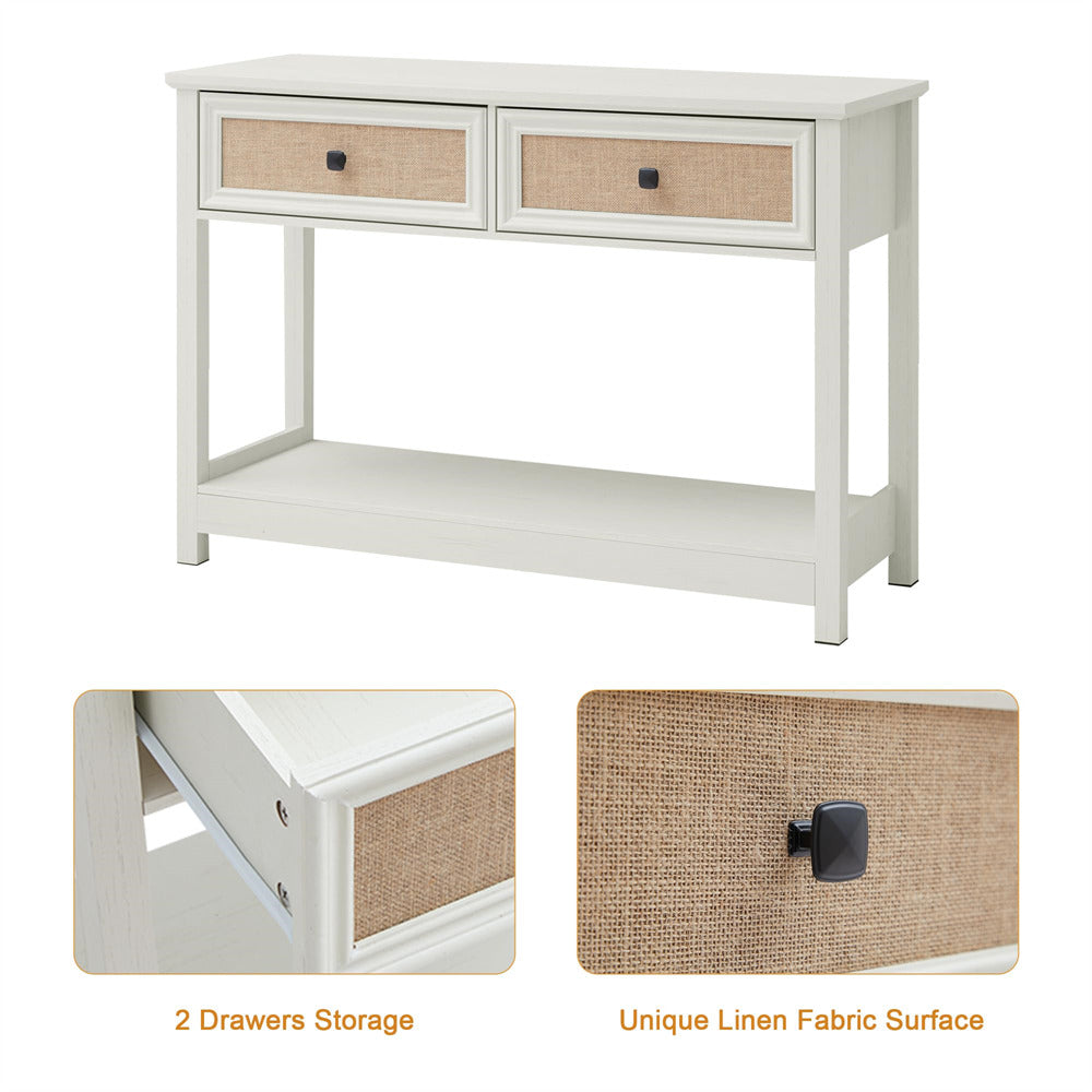 Beige White Modern Narrow Boho Entryway Console Table with Open Storage Shelves and Burlap Rattan Drawers