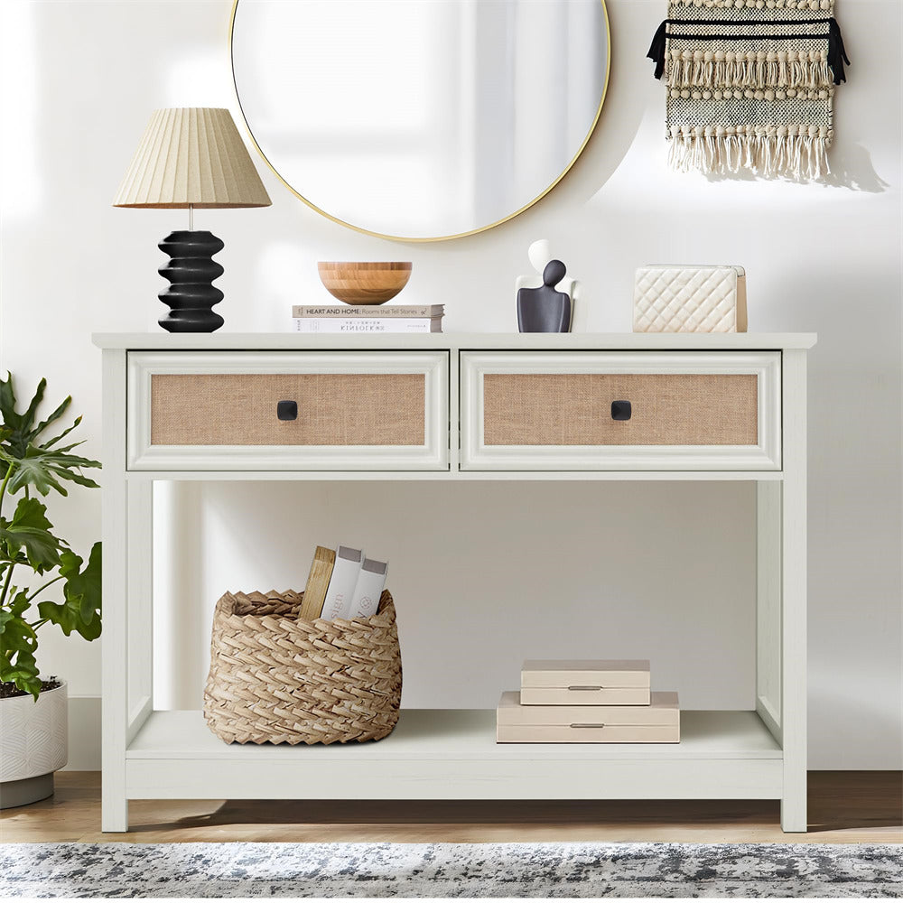 Beige White Modern Narrow Boho Entryway Console Table with Open Storage Shelves and Burlap Rattan Drawers