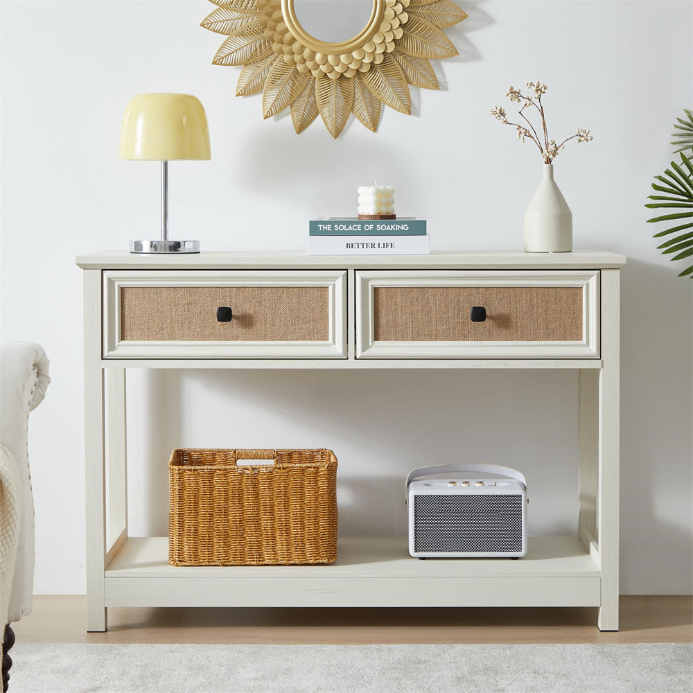 Beige White Modern Narrow Boho Entryway Console Table with Open Storage Shelves and Burlap Rattan Drawers
