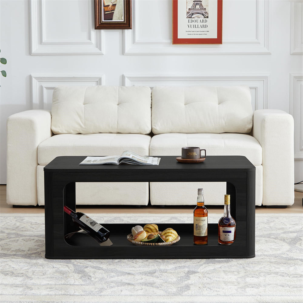Black 2-Tier Rectangle Coffee Tea Table with Storage Shelf