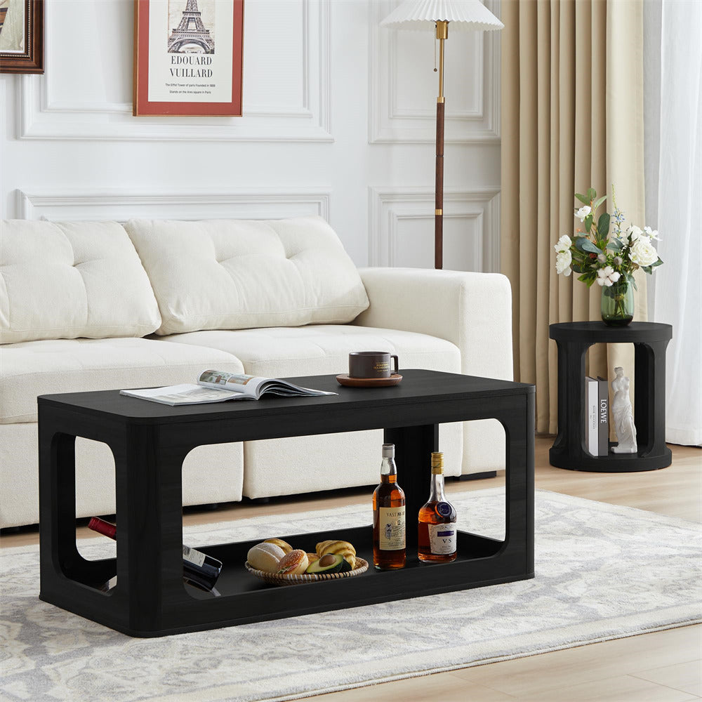 Black 2-Tier Rectangle Coffee Tea Table with Storage Shelf