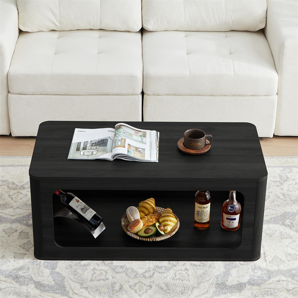 Black 2-Tier Rectangle Coffee Tea Table with Storage Shelf