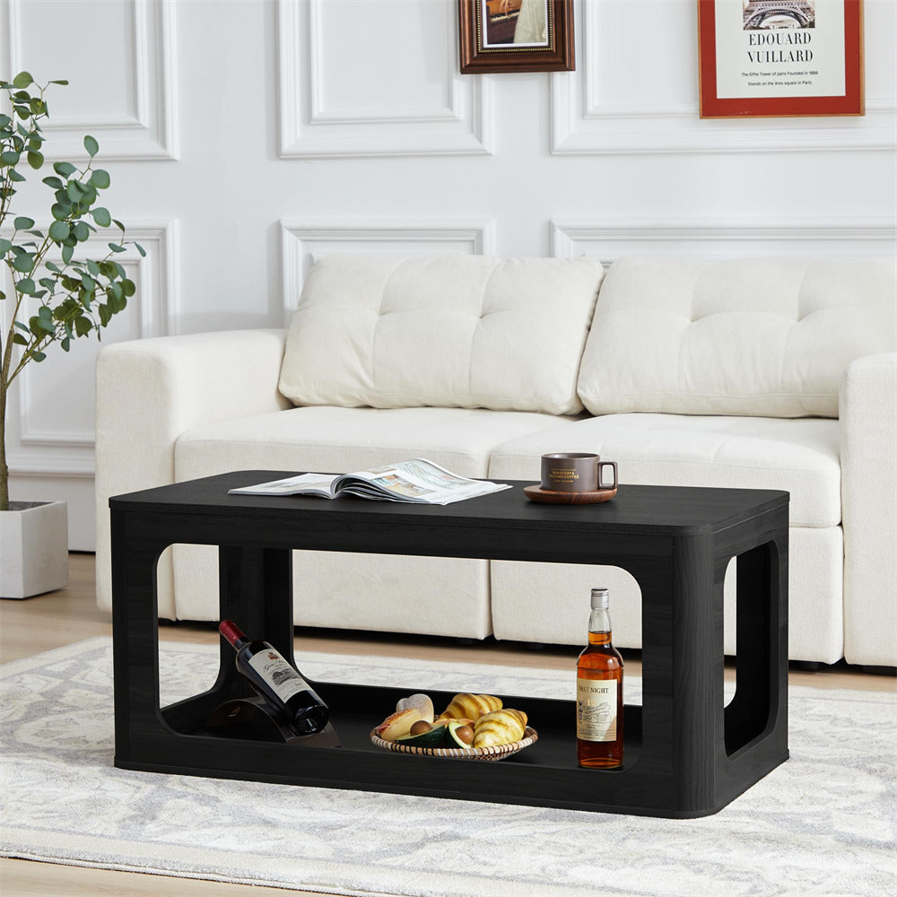 Black 2-Tier Rectangle Coffee Tea Table with Storage Shelf