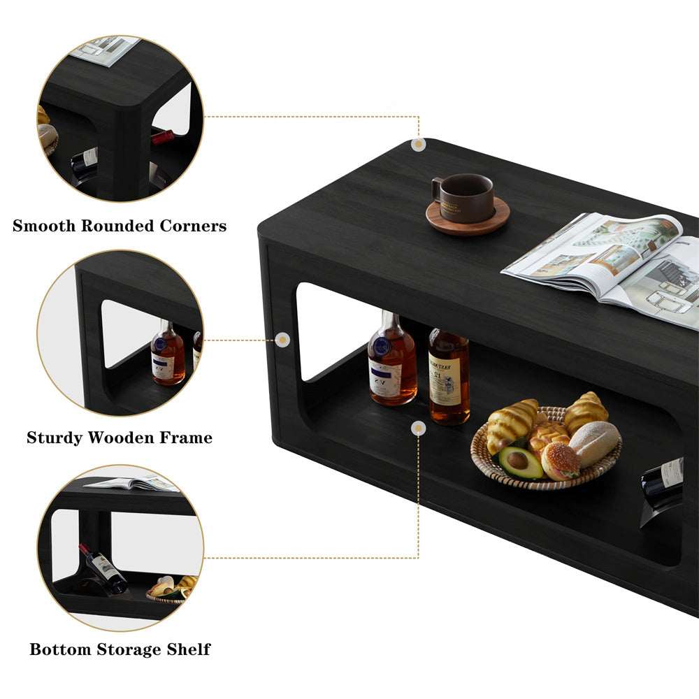 Black 2-Tier Rectangle Coffee Tea Table with Storage Shelf