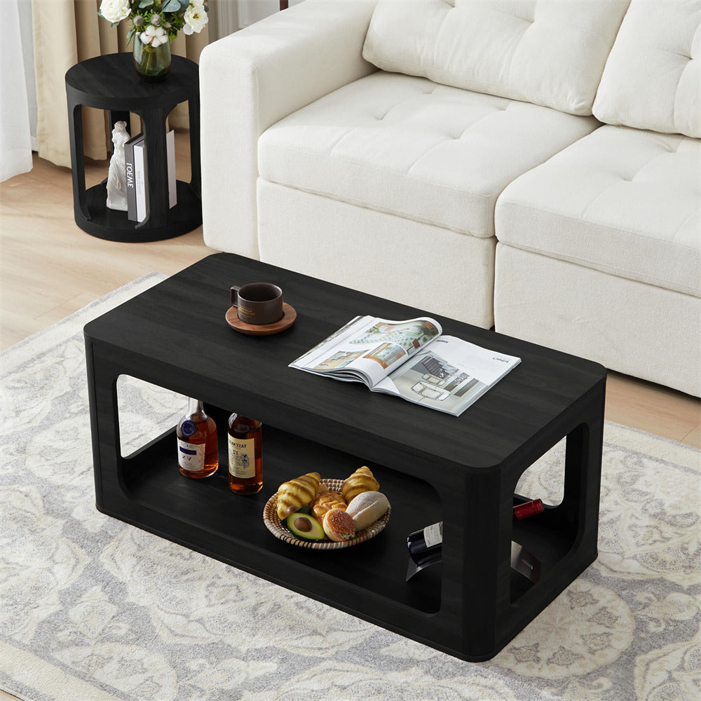 Black 2-Tier Rectangle Coffee Tea Table with Storage Shelf