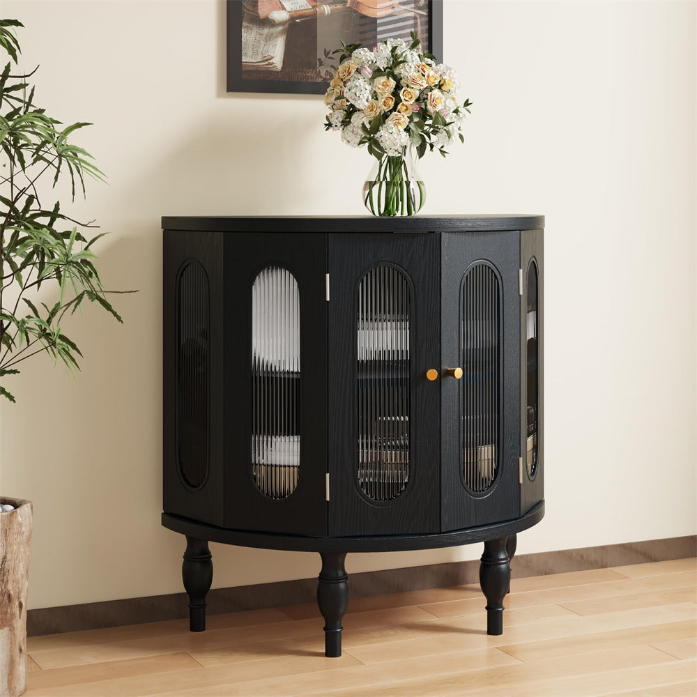 Black 31'' Semi-Circle Sideboard Buffer Storage Cabinet Console Table with Wooden Finish & Acrylic Doors