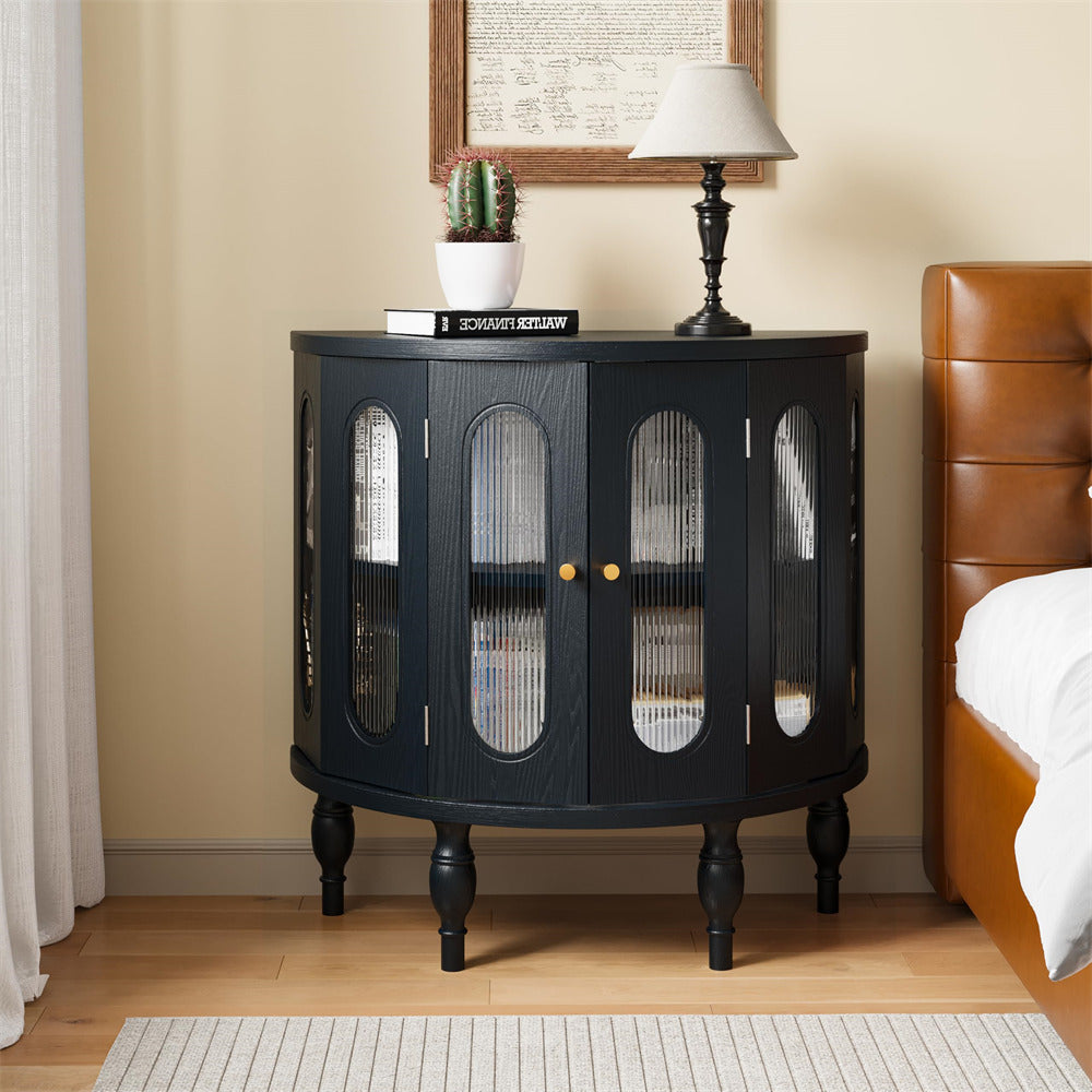 Black 31'' Semi-Circle Sideboard Buffer Storage Cabinet Console Table with Wooden Finish & Acrylic Doors