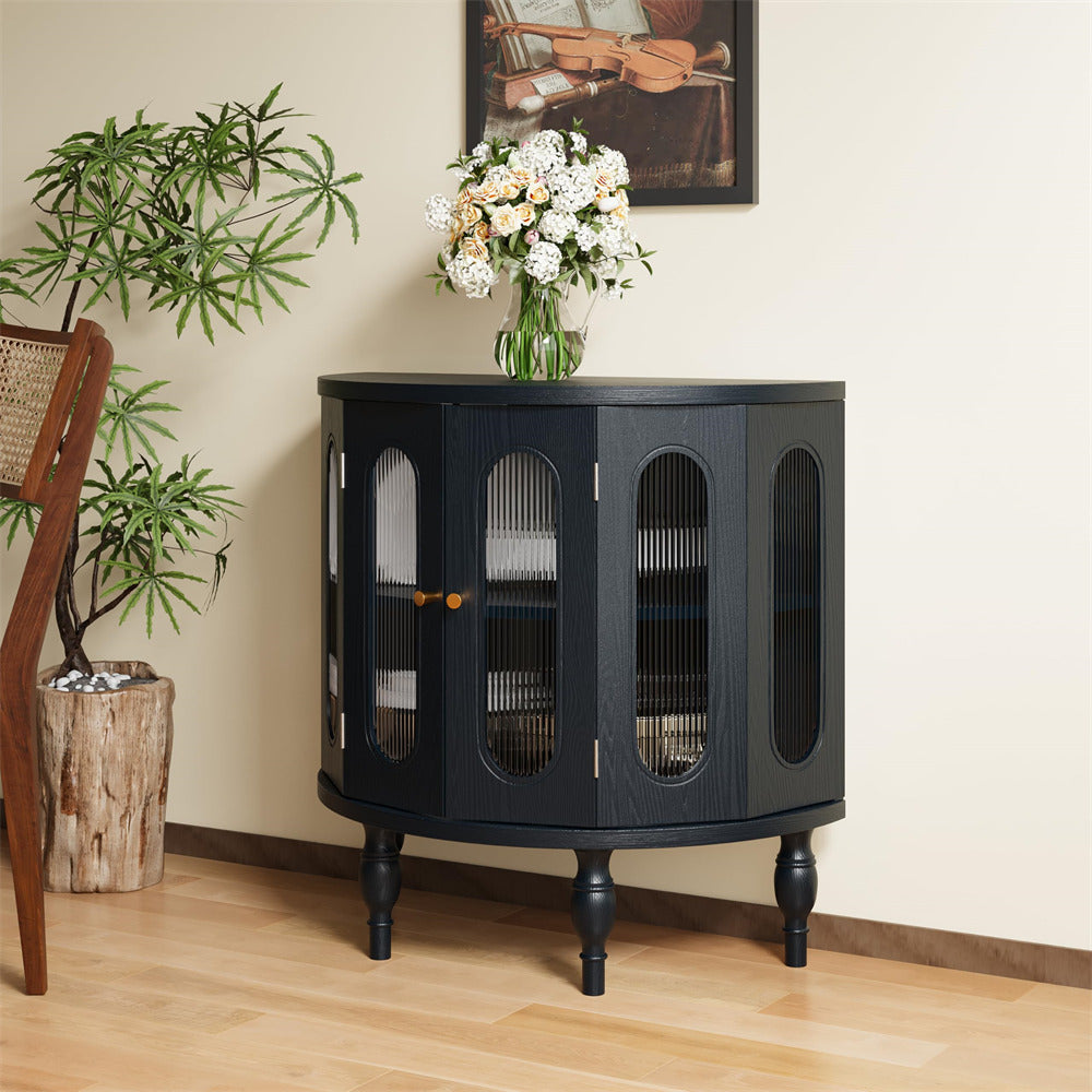 Black 31'' Semi-Circle Sideboard Buffer Storage Cabinet Console Table with Wooden Finish & Acrylic Doors
