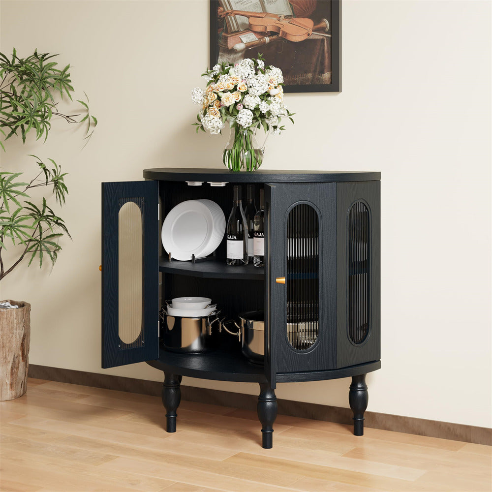 Black 31'' Semi-Circle Sideboard Buffer Storage Cabinet Console Table with Wooden Finish & Acrylic Doors