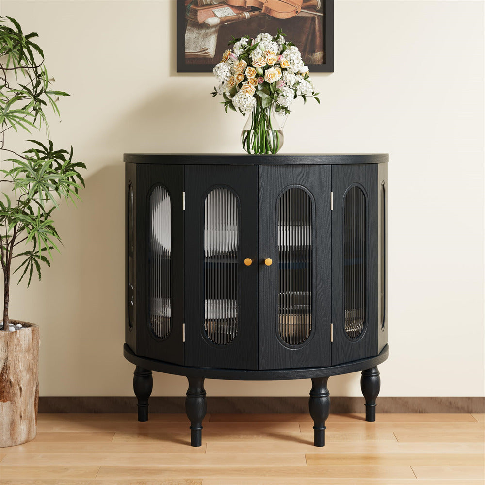 Black 31'' Semi-Circle Sideboard Buffer Storage Cabinet Console Table with Wooden Finish & Acrylic Doors