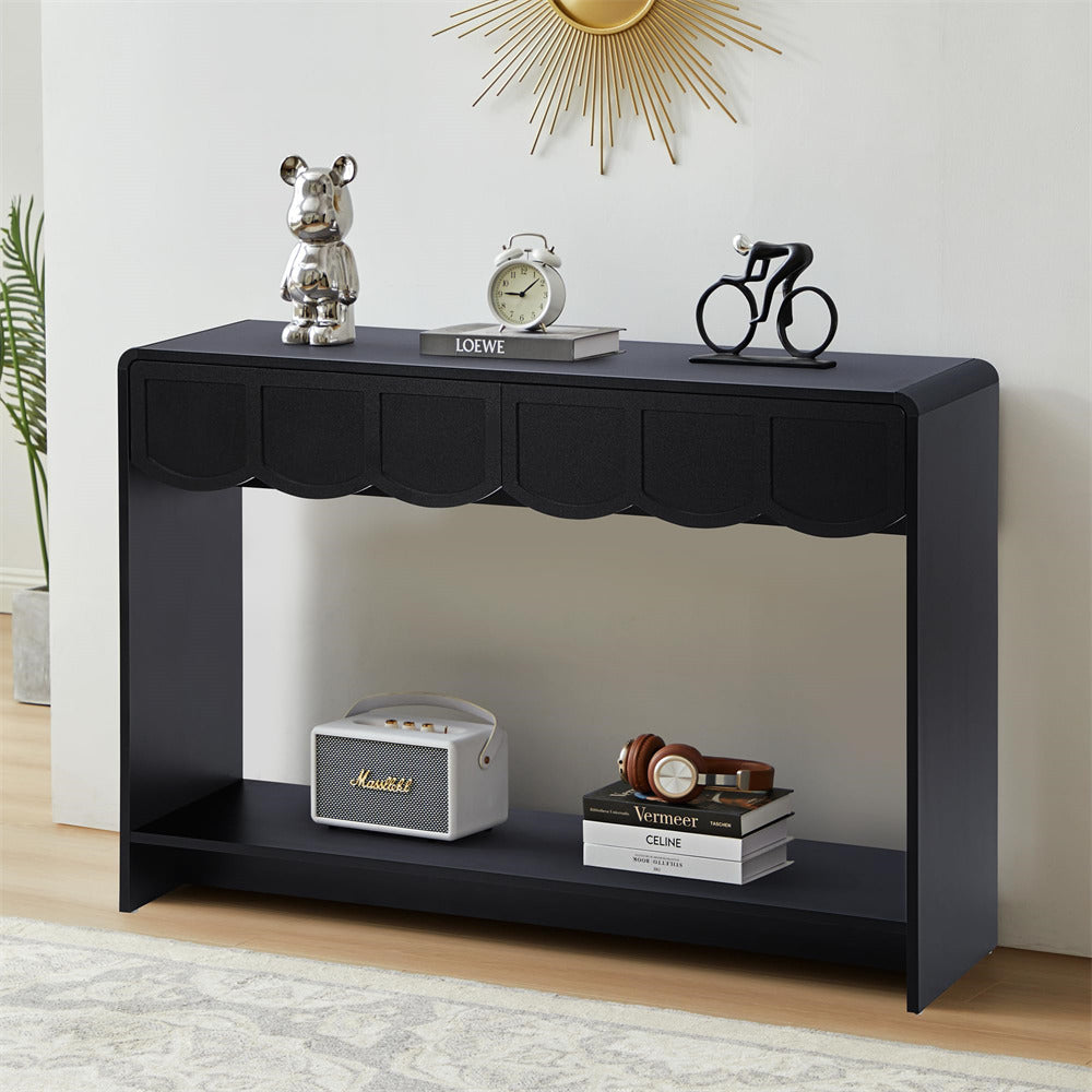 Black 47 Inches Narrow Entryway Console Table with Open Storage Shelves and Drawers