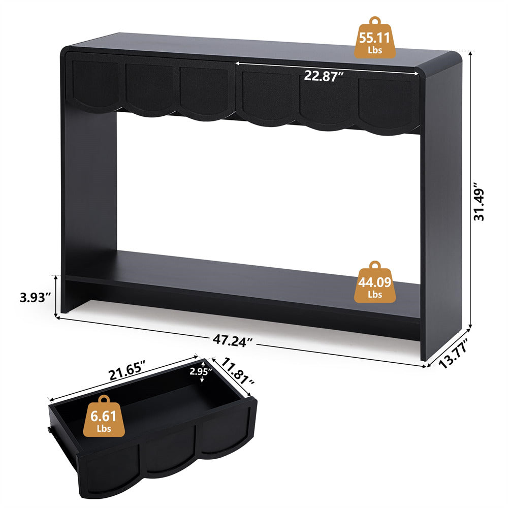 Black 47 Inches Narrow Entryway Console Table with Open Storage Shelves and Drawers