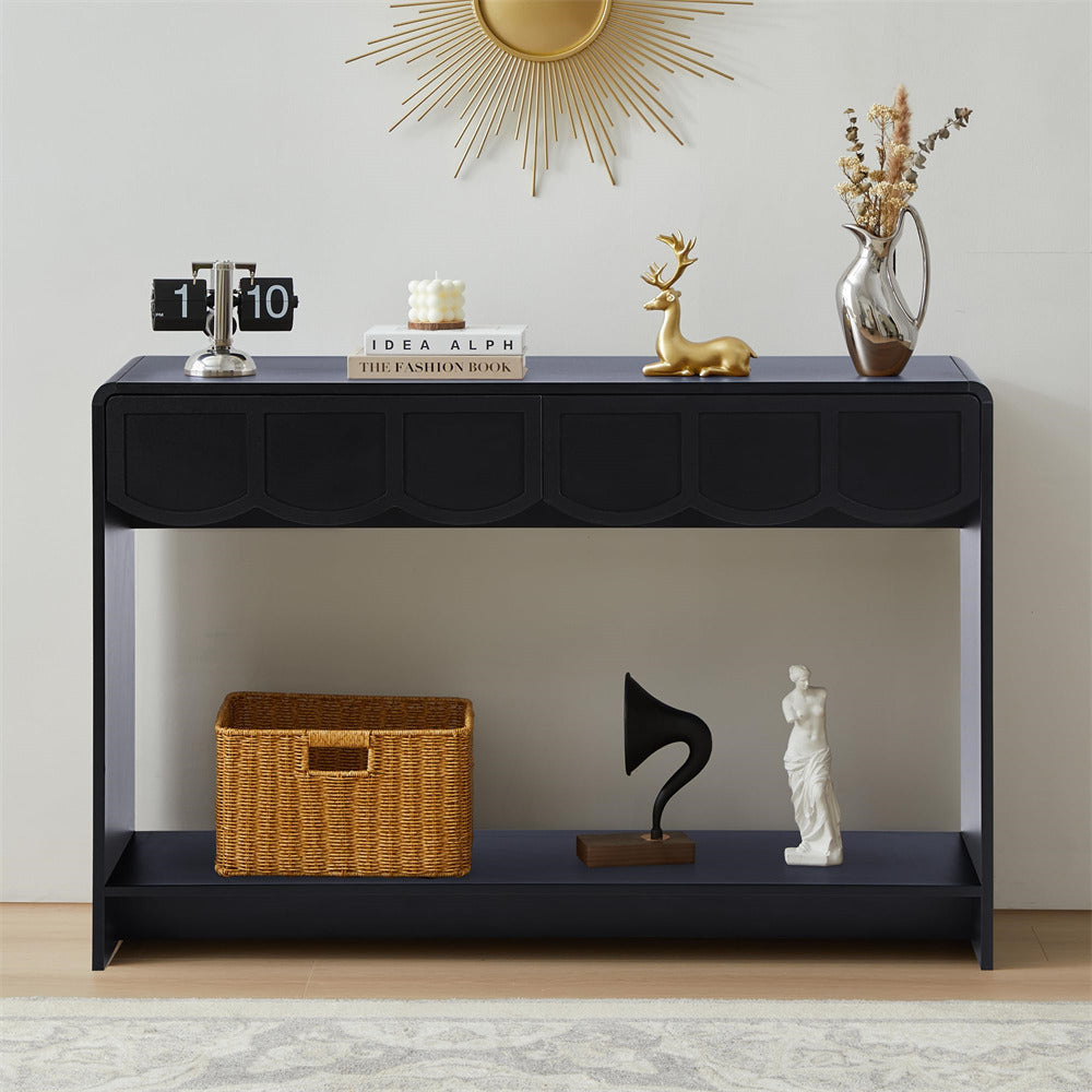 Black 47 Inches Narrow Entryway Console Table with Open Storage Shelves and Drawers