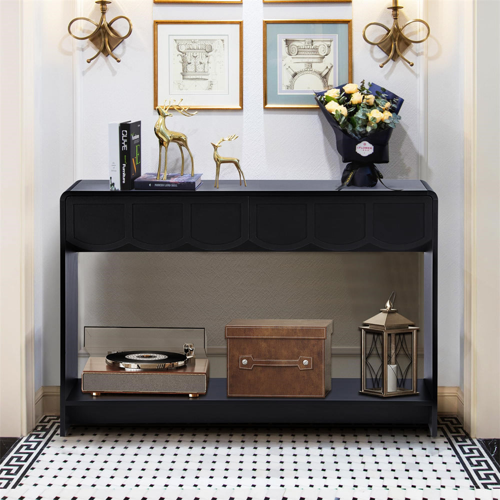 Black 47 Inches Narrow Entryway Console Table with Open Storage Shelves and Drawers