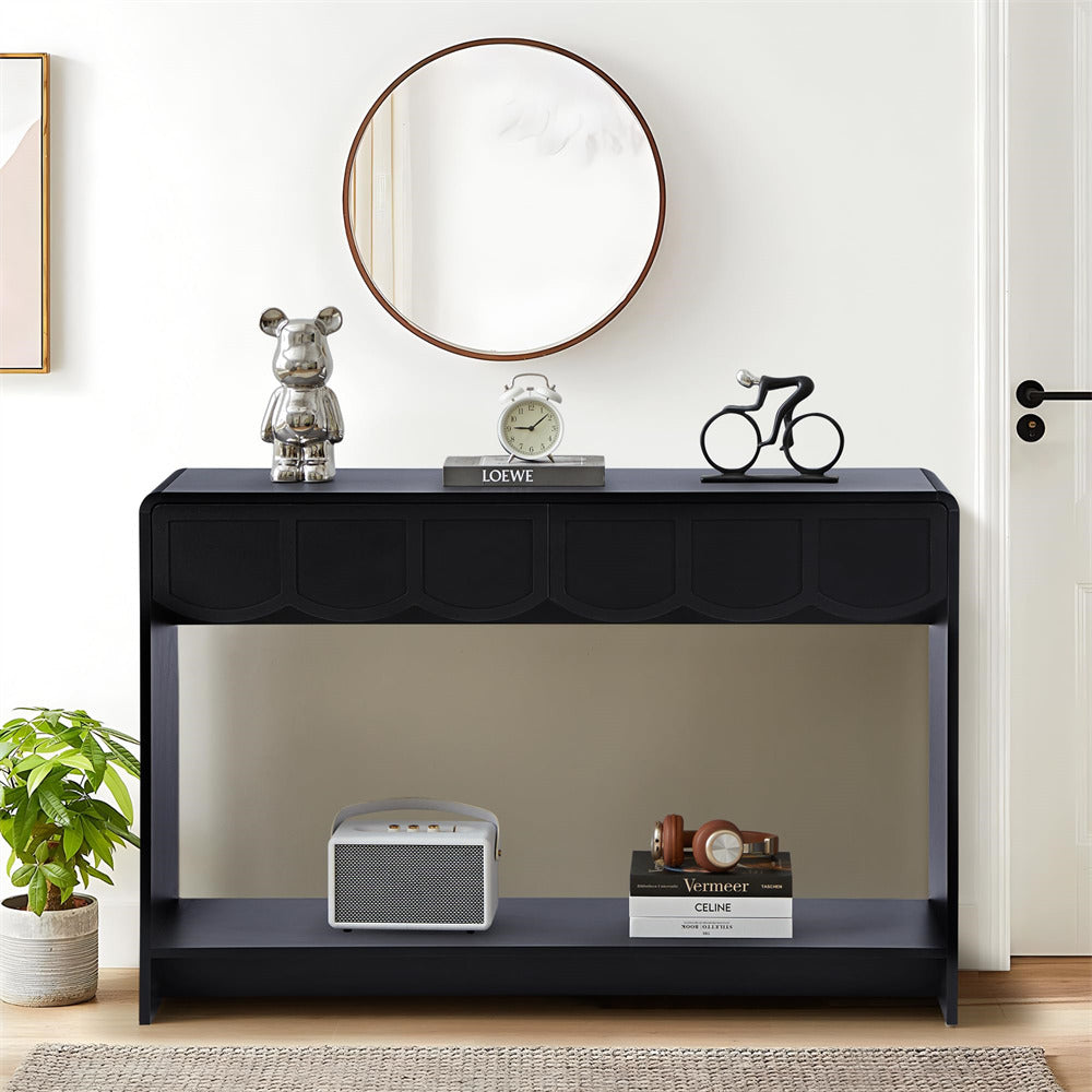 Black 47 Inches Narrow Entryway Console Table with Open Storage Shelves and Drawers