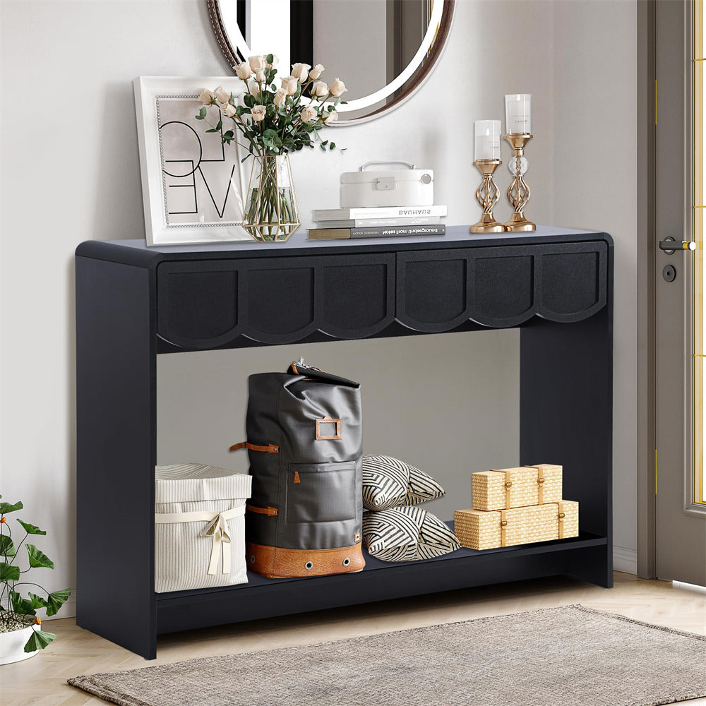 Black 47 Inches Narrow Entryway Console Table with Open Storage Shelves and Drawers