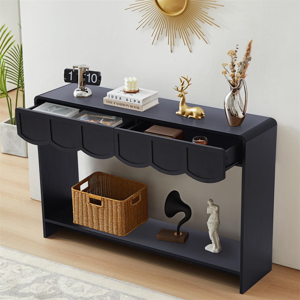 Black 47 Inches Narrow Entryway Console Table with Open Storage Shelves and Drawers