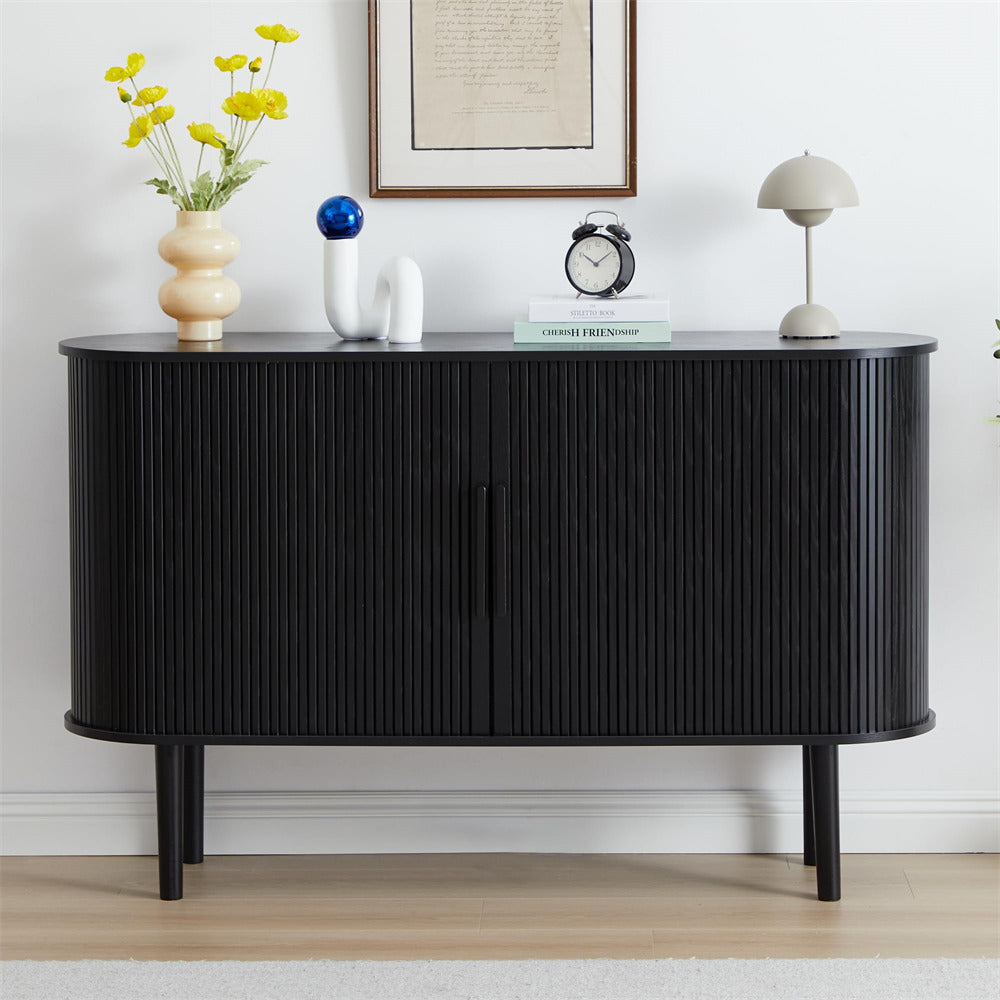 Black 53''Sideboard Modern Storage Cabinet Console Table with Fluted Slide Doors