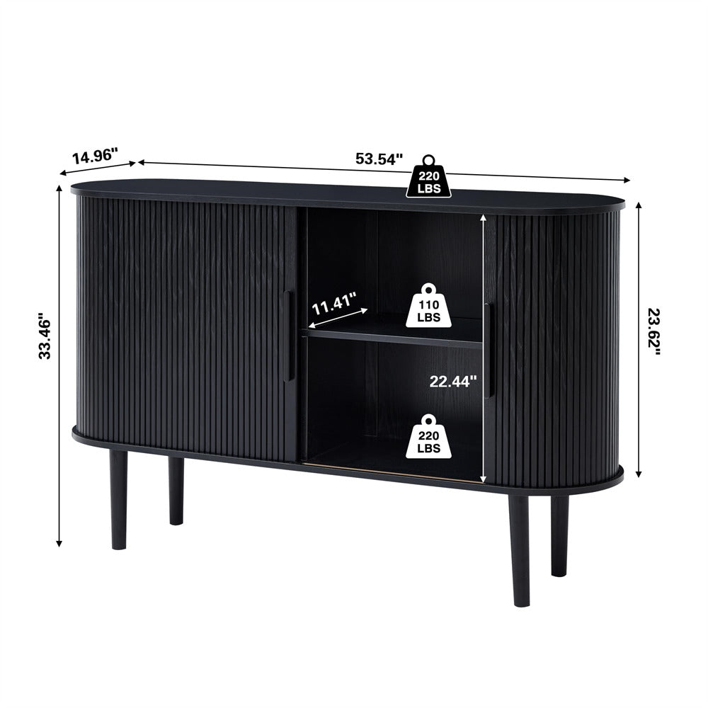 Black 53''Sideboard Modern Storage Cabinet Console Table with Fluted Slide Doors