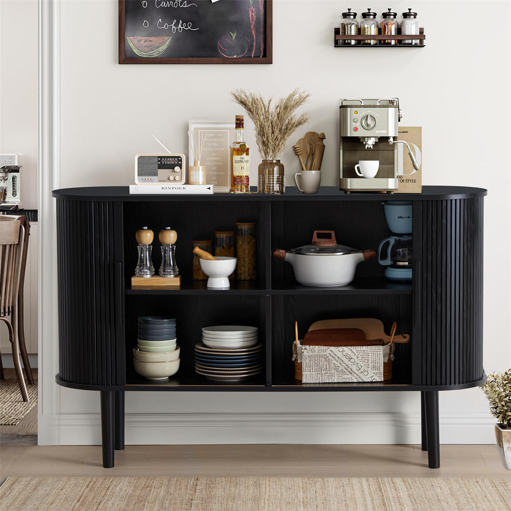 Black 53''Sideboard Modern Storage Cabinet Console Table with Fluted Slide Doors