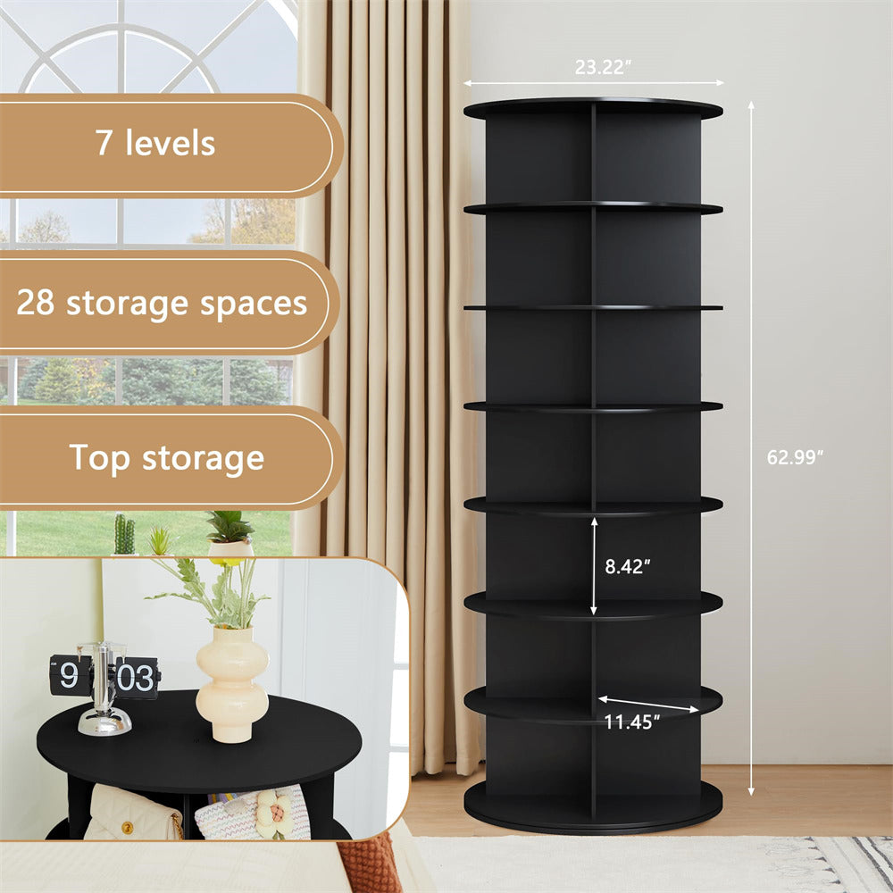 Black 7 Tier Rotating Shoe Rack Tower 360 Spinning Vertical Shoe Storage Rack