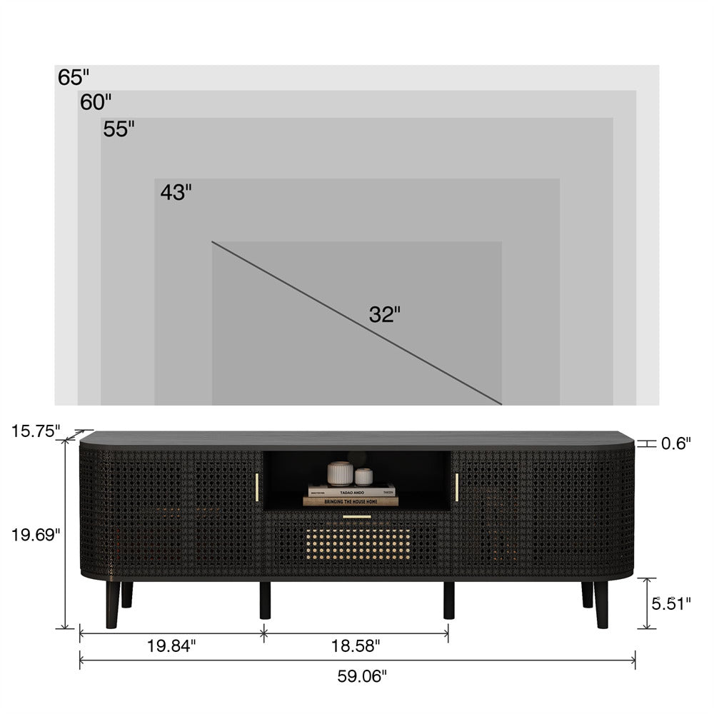 Black Boho Wooden Console Table TV Stand Up to 65 Inch with Curved Iron Rattan Doors and Drawer
