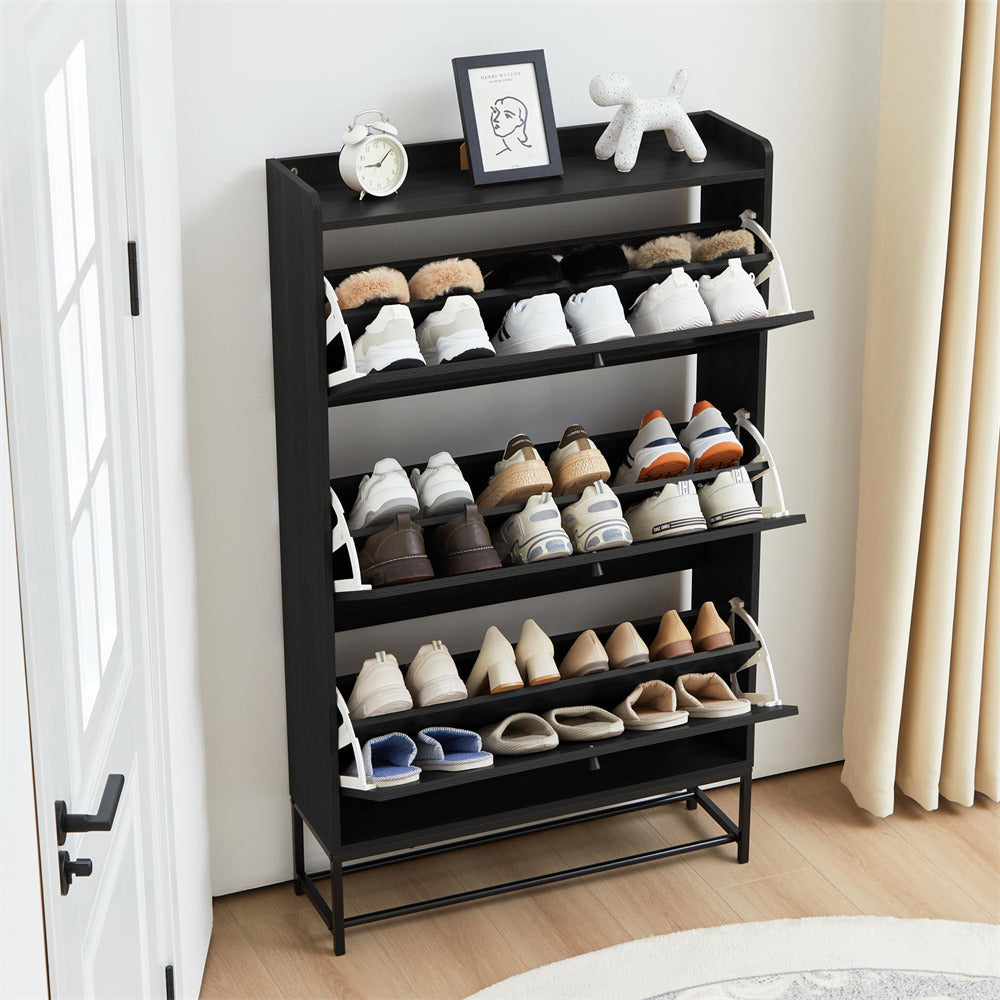 Black Freestanding Narrow Shoe Cabinet with 3 Flip Drawers and Blackboard