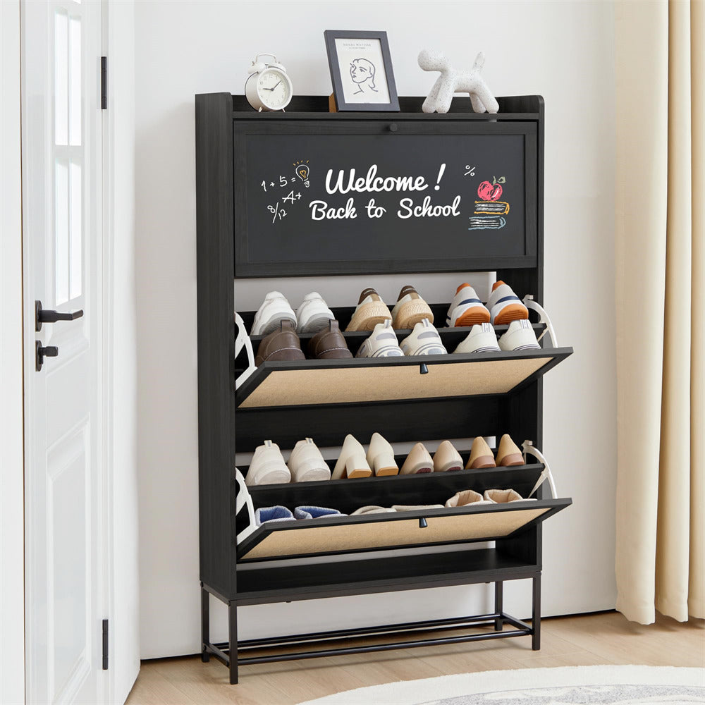 Black Freestanding Narrow Shoe Cabinet with 3 Flip Drawers and Blackboard