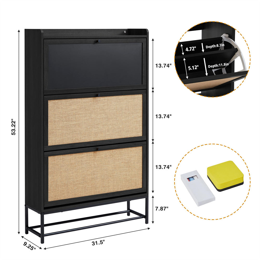 Black Freestanding Narrow Shoe Cabinet with 3 Flip Drawers and Blackboard