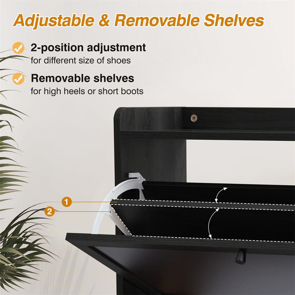 Black Freestanding Narrow Shoe Cabinet with 3 Flip Drawers and Blackboard