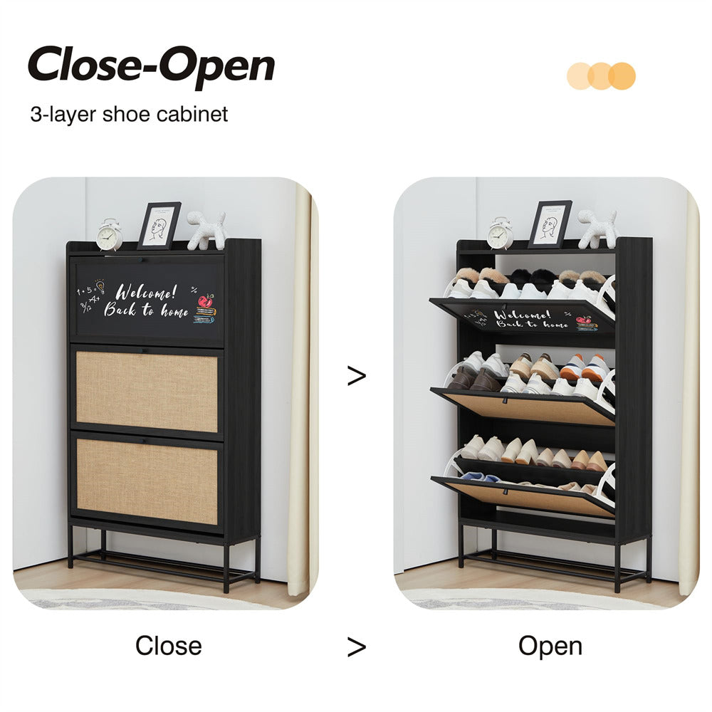 Black Freestanding Narrow Shoe Cabinet with 3 Flip Drawers and Blackboard