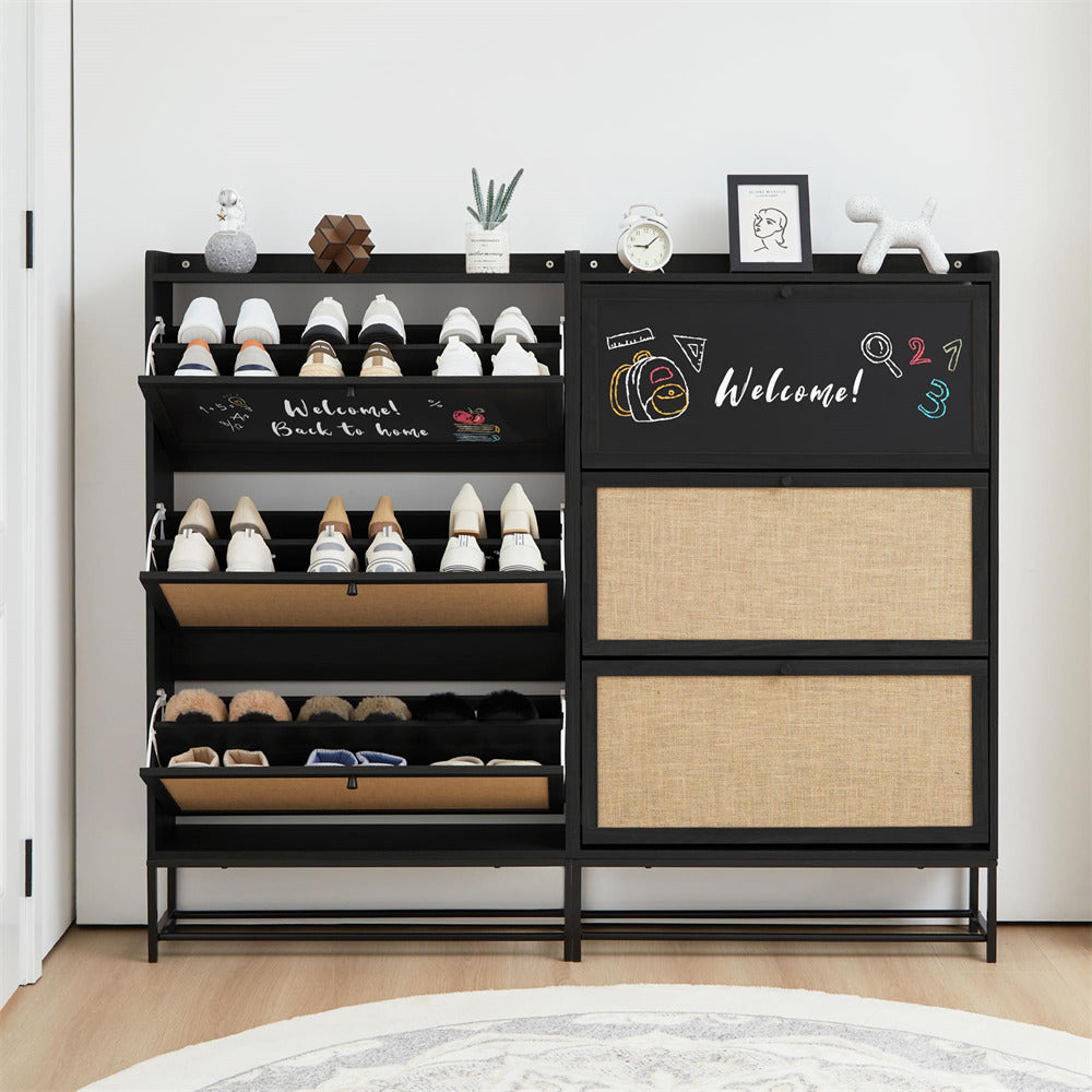 Black Freestanding Narrow Shoe Cabinet with 3 Flip Drawers and Blackboard