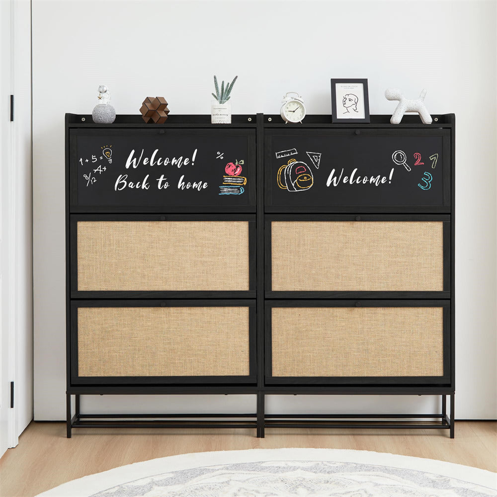 Black Freestanding Narrow Shoe Cabinet with 3 Flip Drawers and Blackboard