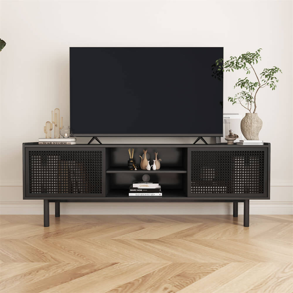 Black Iron Rattan TV Stand Storage Cabinet with Adjustable Shelves