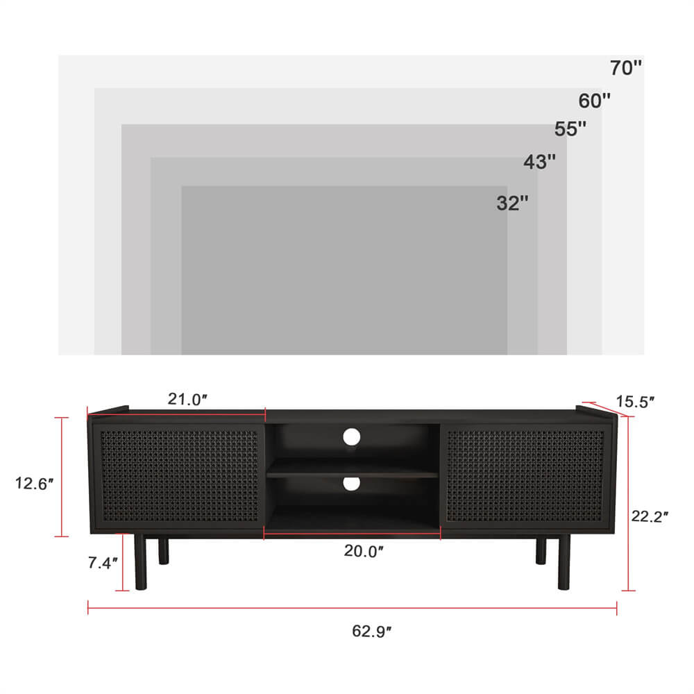 Black Iron Rattan TV Stand Storage Cabinet with Adjustable Shelves