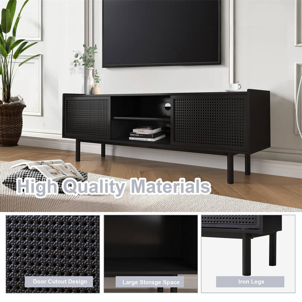 Black Iron Rattan TV Stand Storage Cabinet with Adjustable Shelves