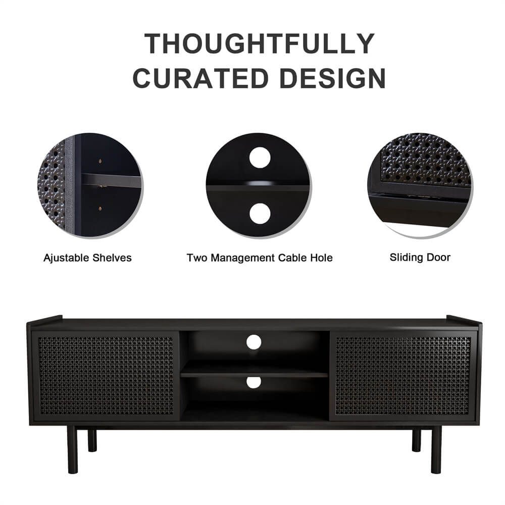 Black Iron Rattan TV Stand Storage Cabinet with Adjustable Shelves