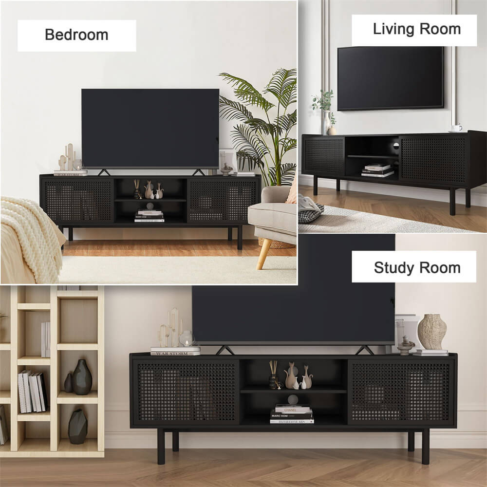 Black Iron Rattan TV Stand Storage Cabinet with Adjustable Shelves