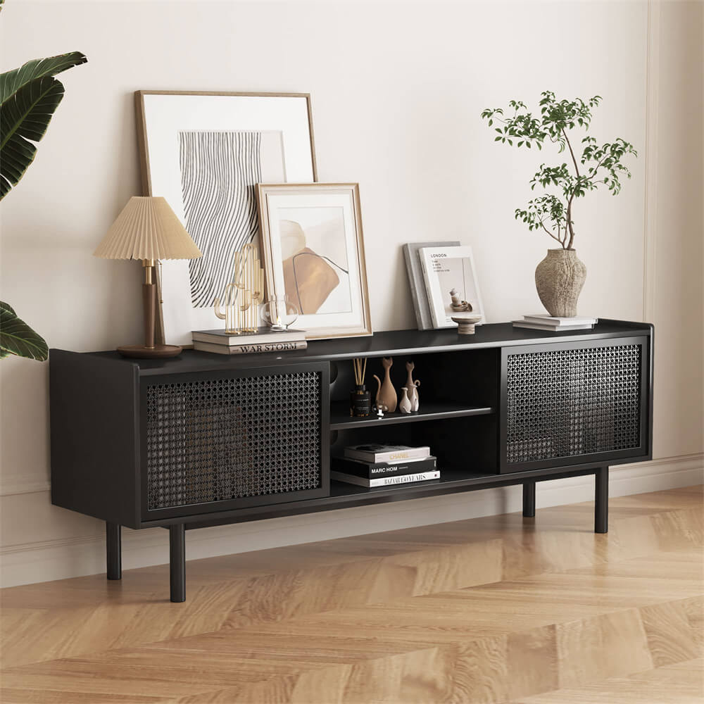 Black Iron Rattan TV Stand Storage Cabinet with Adjustable Shelves