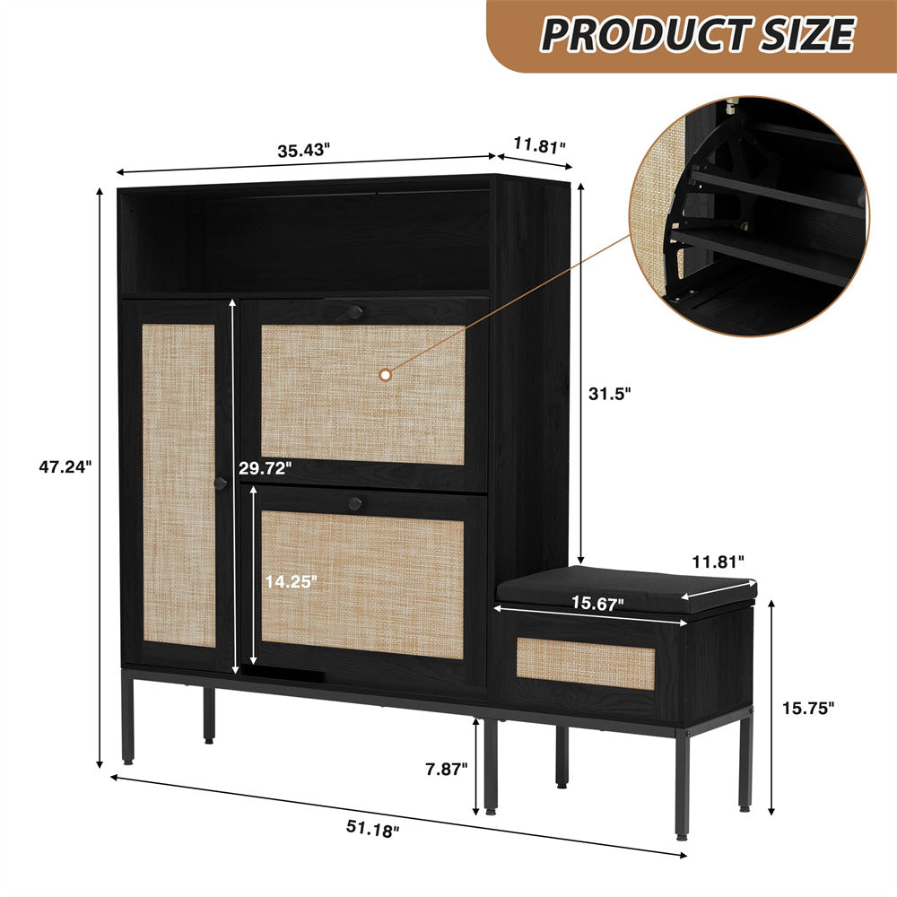 Black Large 18 Pair Shoe Storage Cabinet with 2 Flip Drawers and Shoe Bench