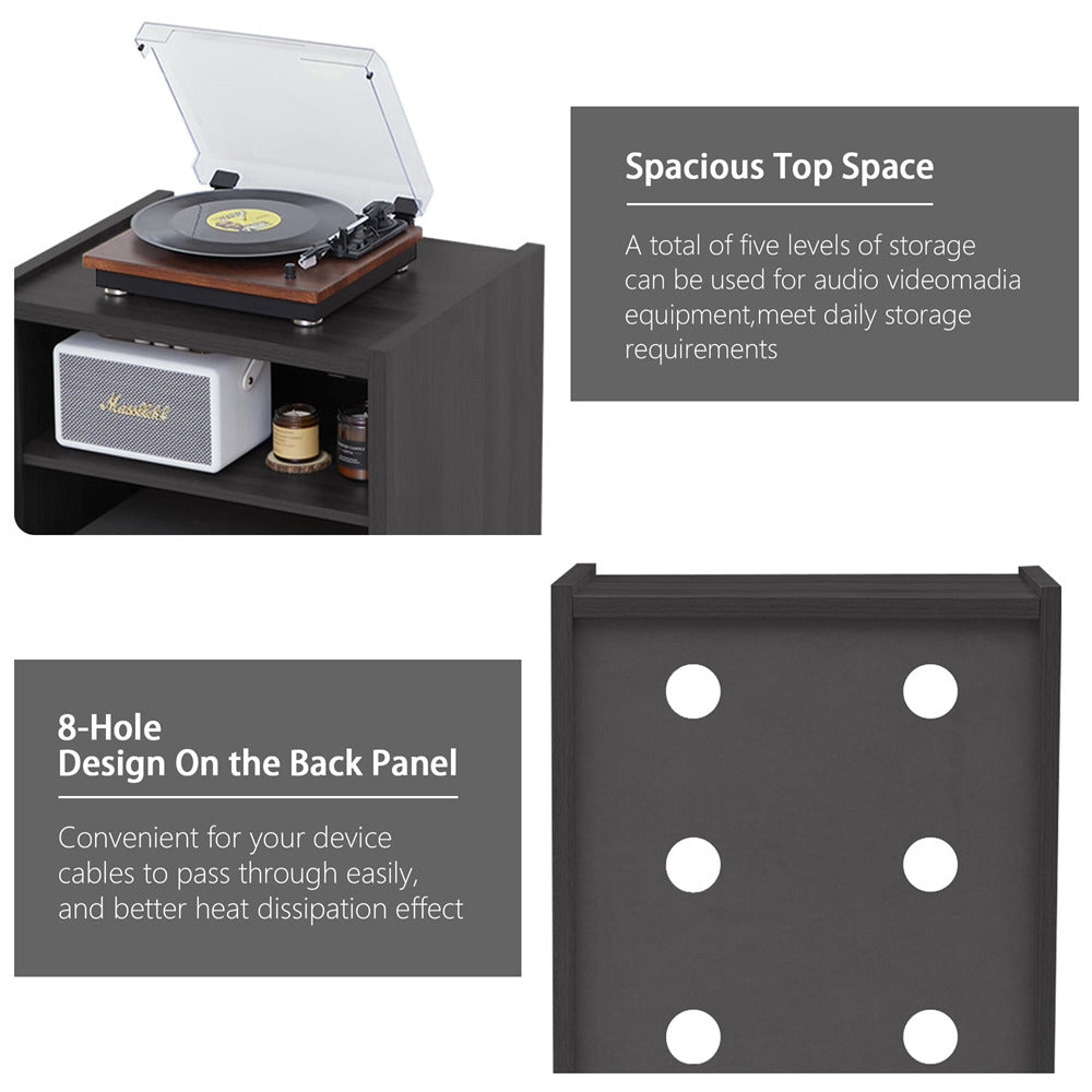Black Media Cabinet 5-Tier Stereo Cabinet with Adjustable Shelves and Cable Management