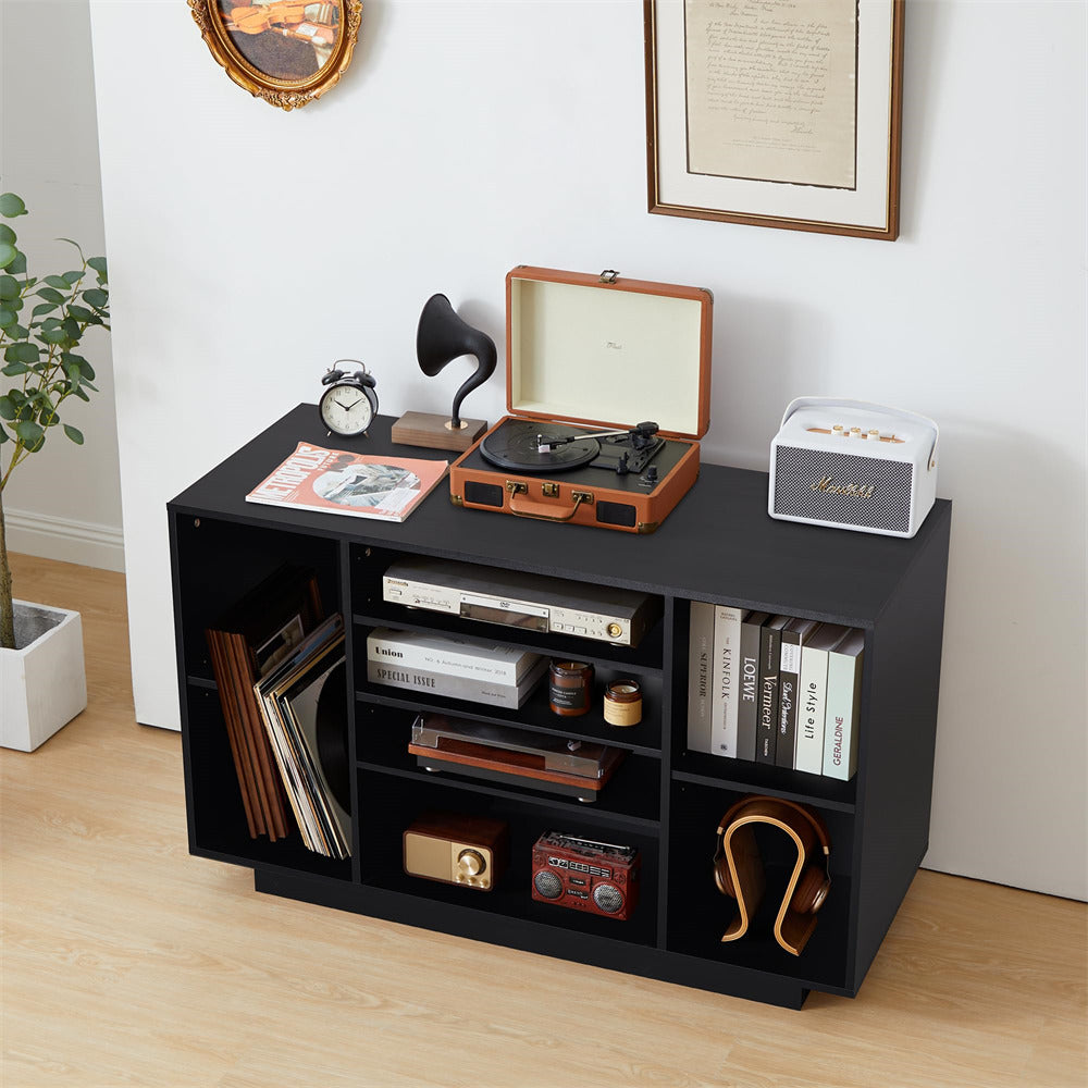 Black Media Console Stereo Cabinet Audio Rack with 3 Hight-Adjustable Shelves and 16 Cable Holes