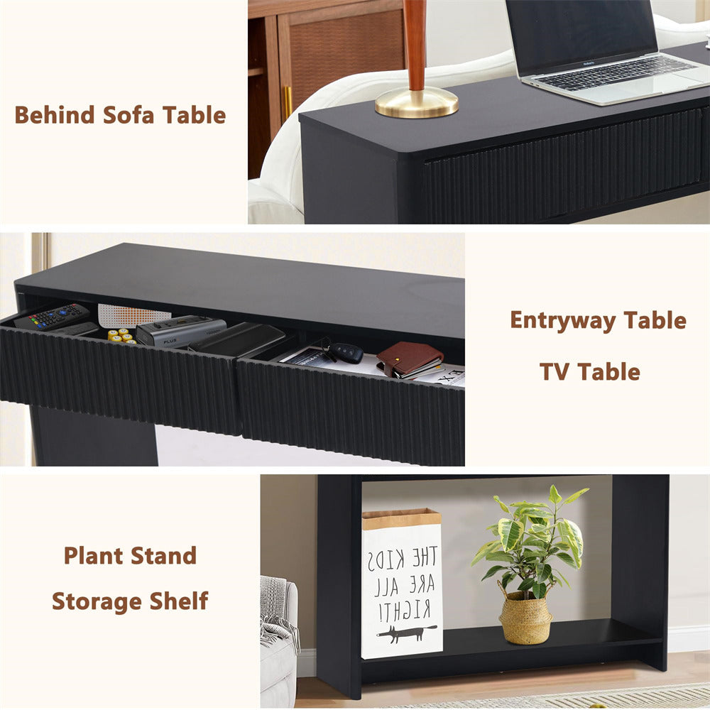 Black Mid Century Farmhouse Fluted Narrow Console Table 43.3' Couch Table with Storage and Drawers